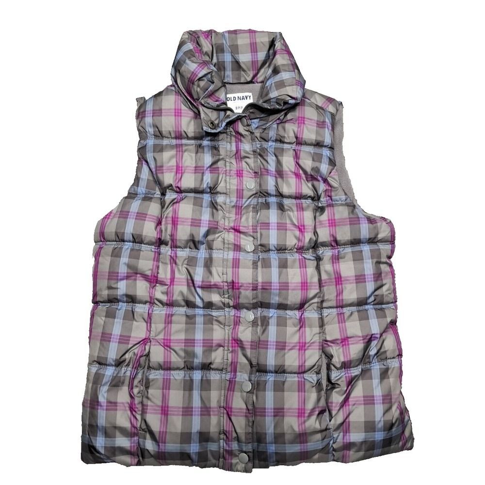 Old Navy Puffer Vest Womens Sz Small Quilted Fleece Lined Full Zip Plaid Snaps